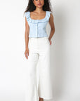 Blue Eyelet Ruffle Trim Top