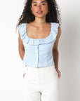 Blue Eyelet Ruffle Trim Top