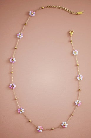 Beaded Flower Necklace- Pink