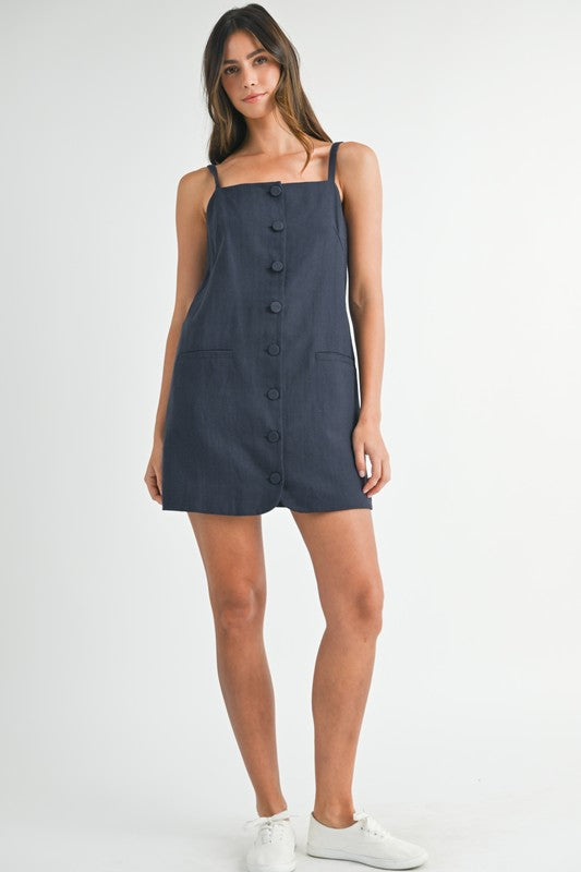 Sleeveless Linen Mini Dress- Navy