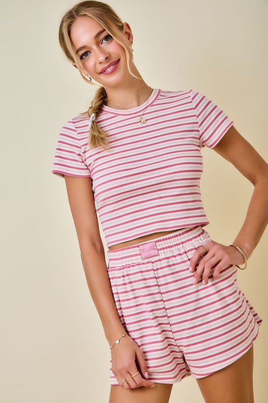 Striped Ribbed Fitted Crop Lounge Top