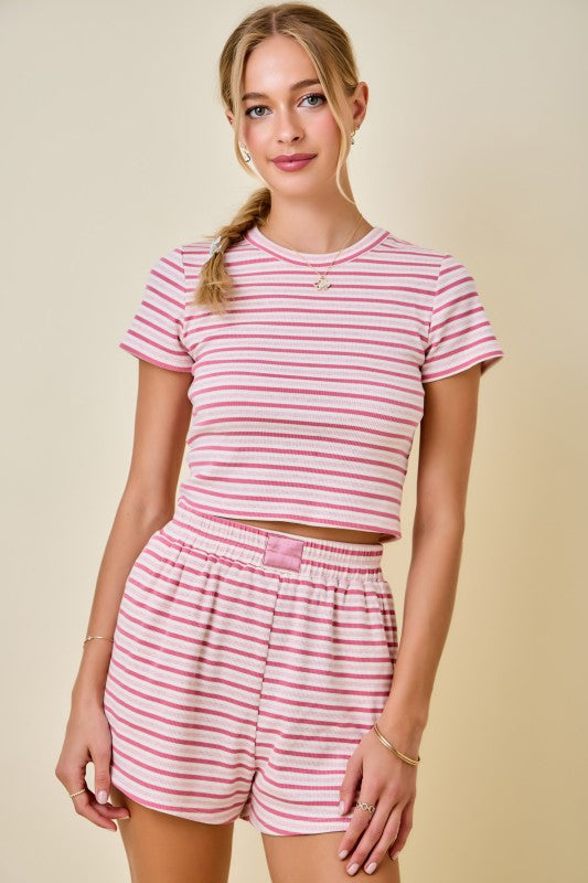 Striped Ribbed Fitted Crop Lounge Top