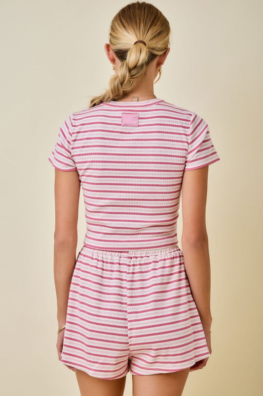 Striped Ribbed Fitted Crop Lounge Top