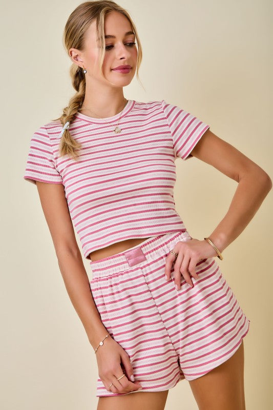 Striped Ribbed Fitted Crop Lounge Top