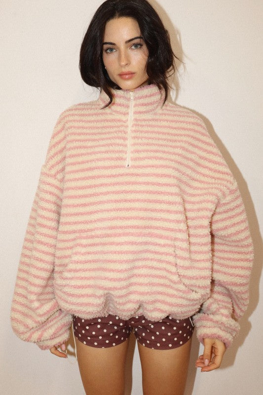 Sherpa Pullover- Cream/Pink Stripe