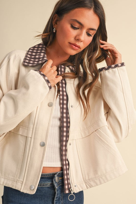 Brown Gingham Trim Jacket