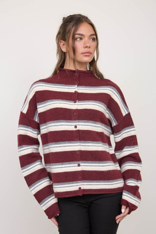 Stripe Rolled Neck Knit Cardigan- Oxblood Multi
