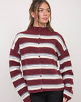 Stripe Rolled Neck Knit Cardigan- Oxblood Multi