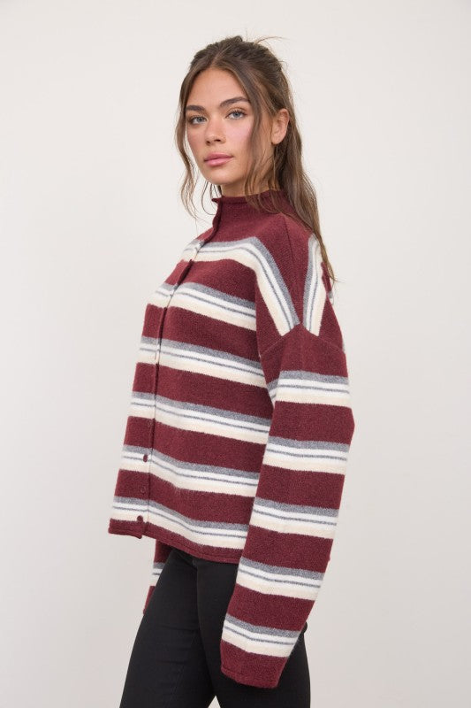 Stripe Rolled Neck Knit Cardigan- Oxblood Multi