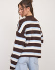 Stripe Rolled Neck Knit Cardigan- Brown Multi
