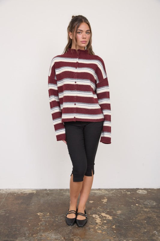 Stripe Rolled Neck Knit Cardigan- Oxblood Multi