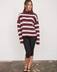 Stripe Rolled Neck Knit Cardigan- Oxblood Multi