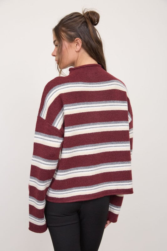 Stripe Rolled Neck Knit Cardigan- Oxblood Multi