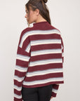 Stripe Rolled Neck Knit Cardigan- Oxblood Multi