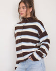 Stripe Rolled Neck Knit Cardigan- Brown Multi