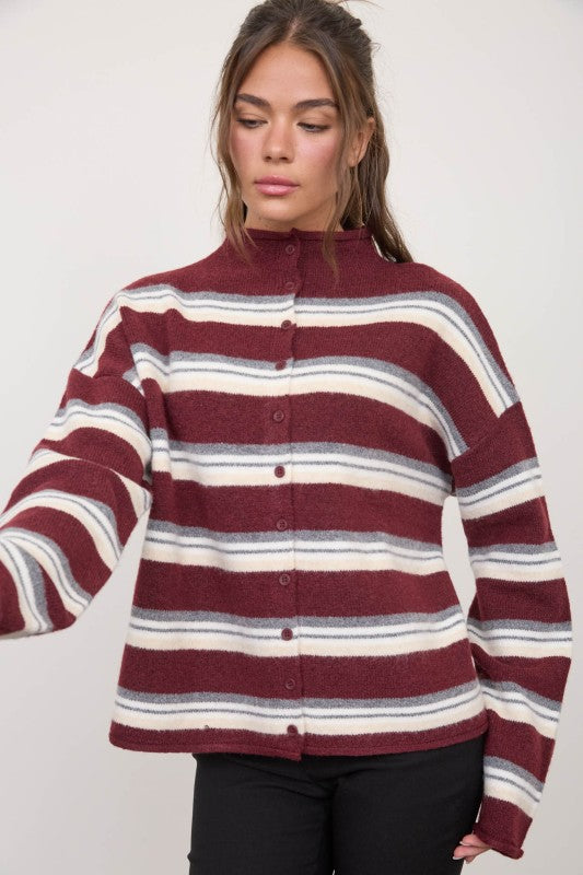 Stripe Rolled Neck Knit Cardigan- Oxblood Multi