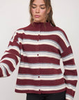 Stripe Rolled Neck Knit Cardigan- Oxblood Multi