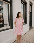 Washed Denim Puff Sleeve Dress- Pink