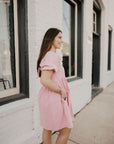 Washed Denim Puff Sleeve Dress- Pink