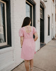 Washed Denim Puff Sleeve Dress- Pink