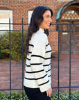Striped Mock Neck Sweater- Ivory